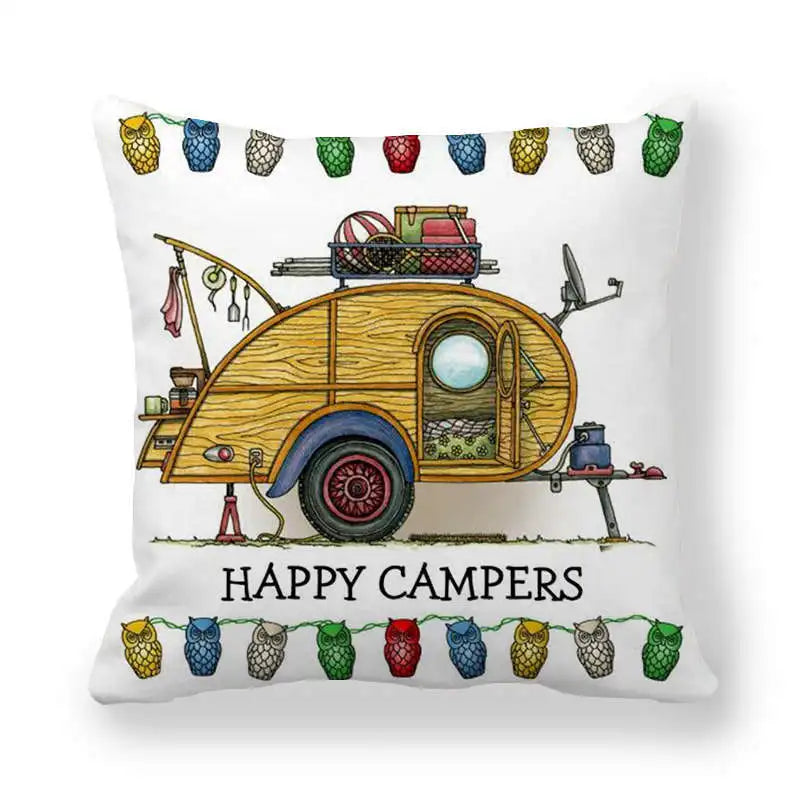 Funda de almohada Happy Camper para coche, cubierta decorativa de 45x45CM.