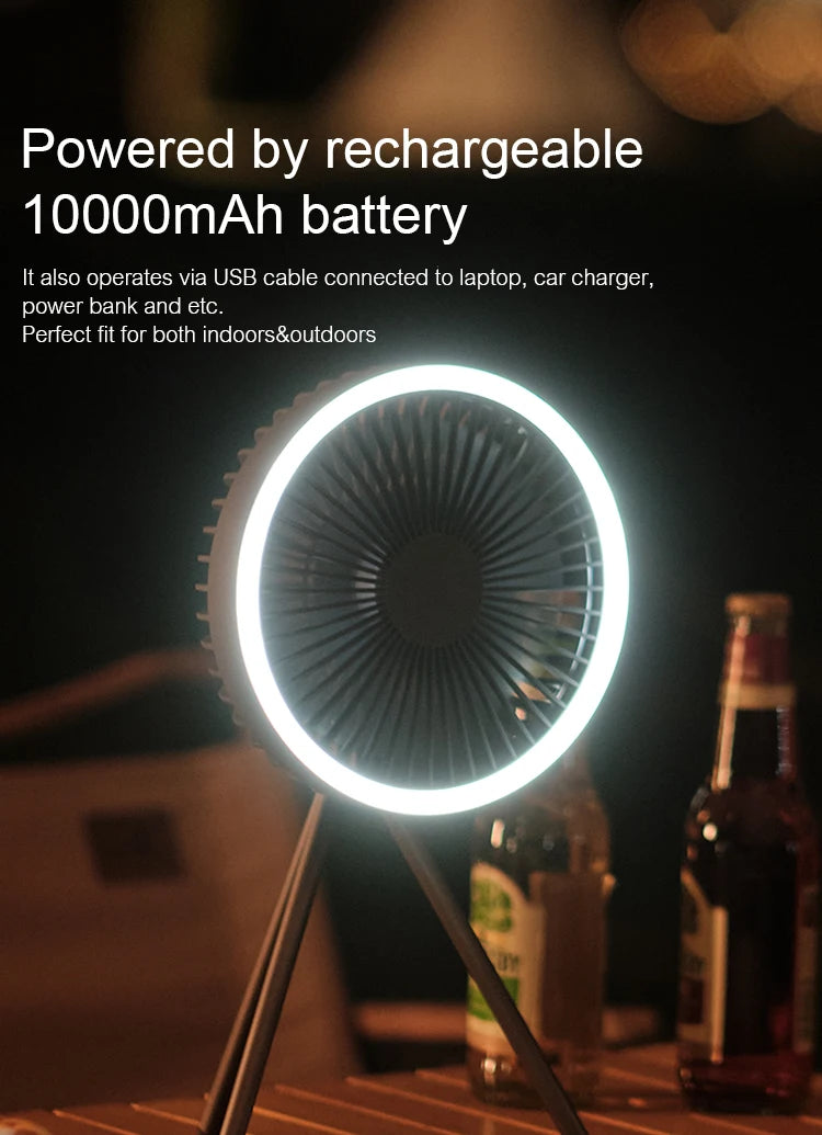 Ventilador eléctrico recargable para acampada, iluminación LED, 10000mAh y 4000mAh.