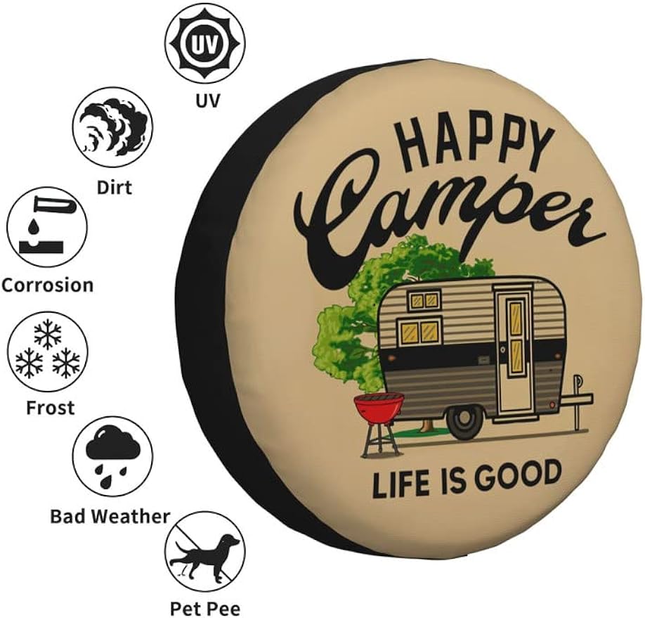 Cubierta de neumático de repuesto Happy Camper Life Is Good, protectores de rueda universales resistentes a la intemperie para autocaravana.