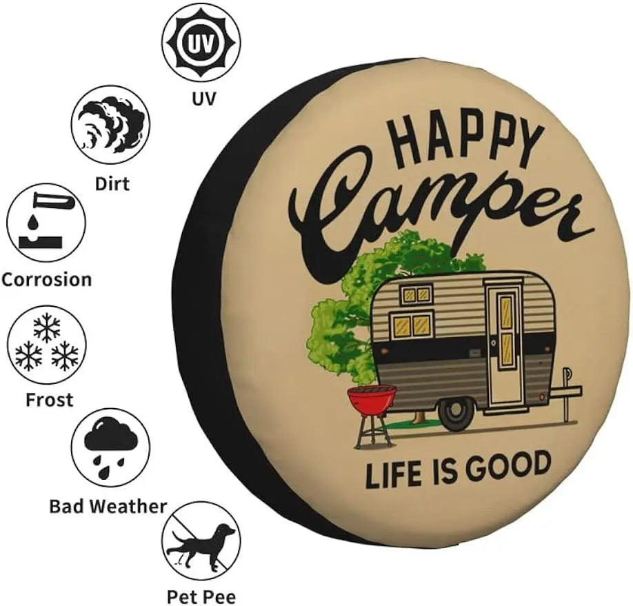 Cubierta de neumático de repuesto Happy Camper Life Is Good, protectores de rueda universales resistentes a la intemperie para autocaravana.