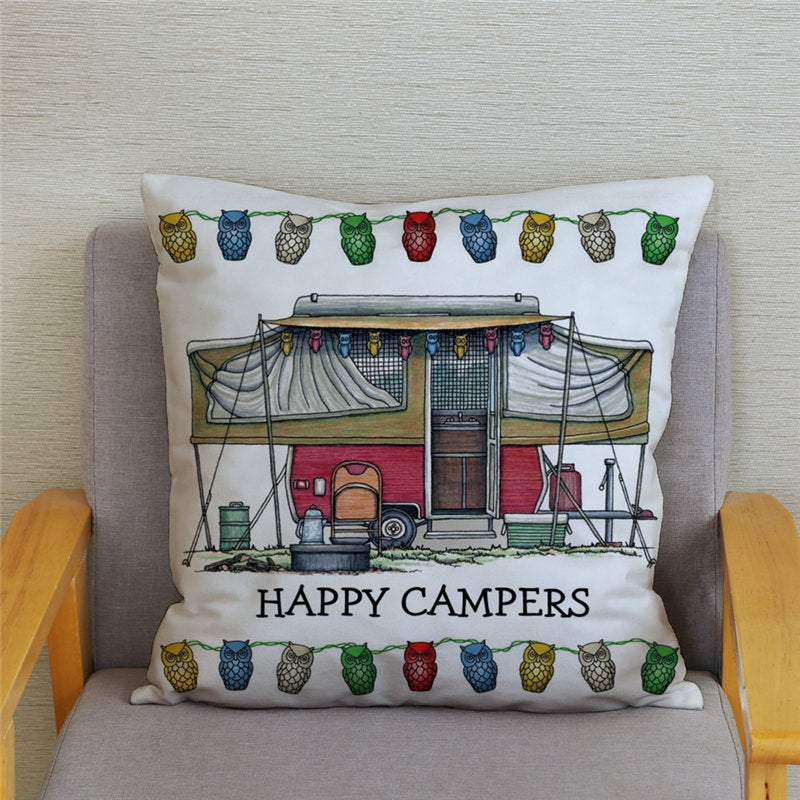 Funda de almohada con estampado Happy Campers, cubierta de cojín de poliéster suave.